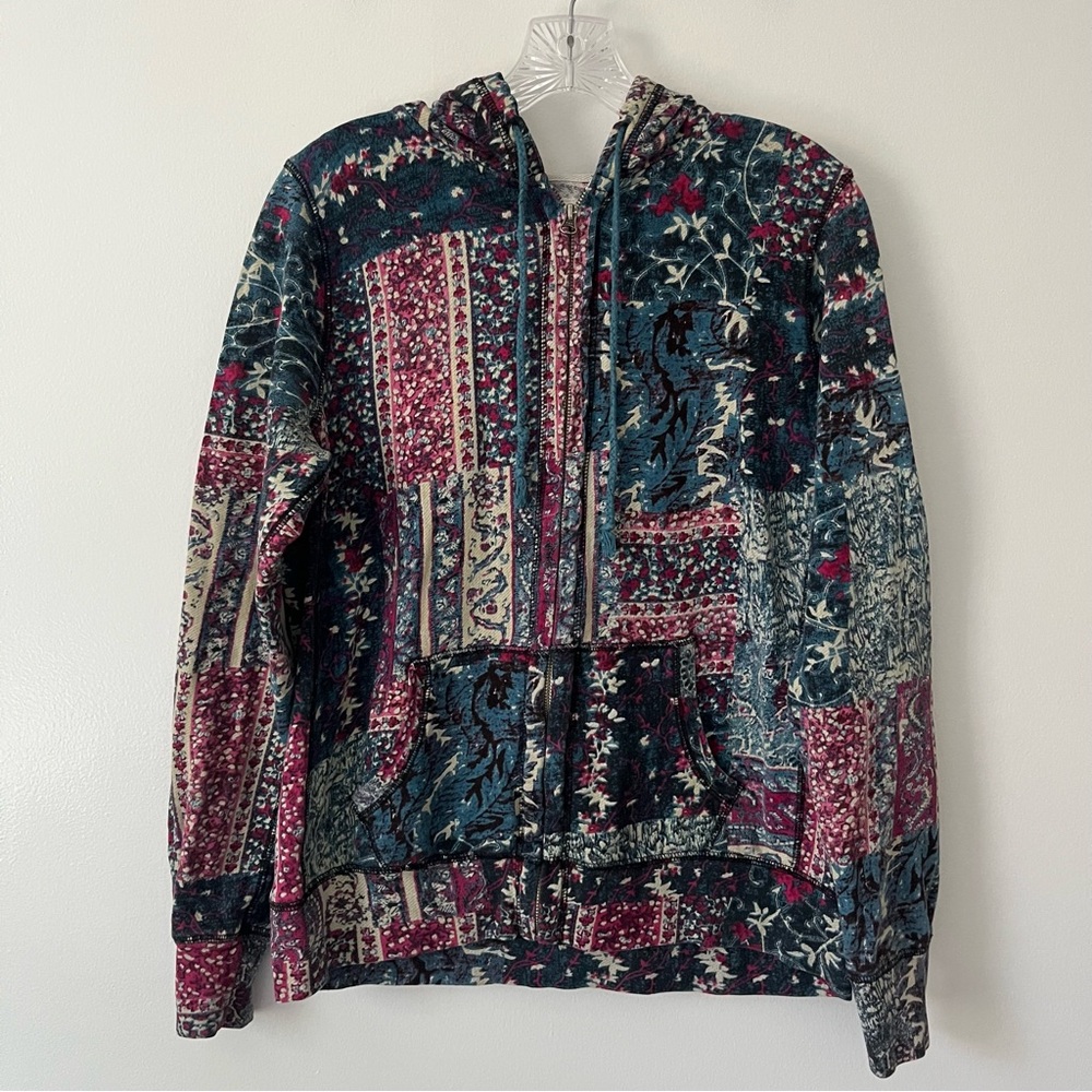 Vintage Lucky Brand Floral Bandana Y2K Full Zip Hoodie Large Hippie Festival